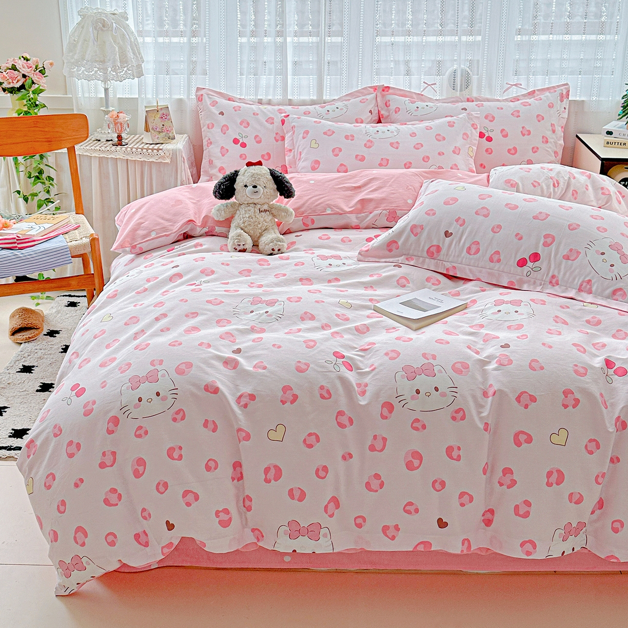 91家纺网 家纺一手货源 找家纺 恩泽家纺 2025新款全棉纯棉12868喷气印花系列四件套-第二批 时尚猫咪粉