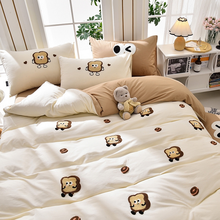 91家纺网 家纺一手货源 找家纺 炫拼家纺 2026新春款萌系A类全棉纯棉40支水洗棉毛巾绣四件套 面包甜甜圈