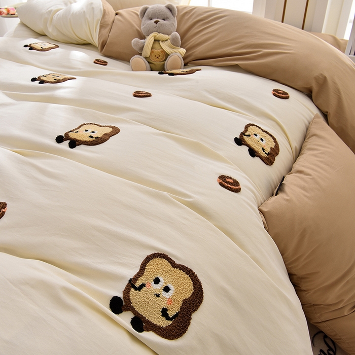 91家纺网 家纺一手货源 找家纺 炫拼家纺 2026新春款萌系A类全棉纯棉40支水洗棉毛巾绣四件套 面包甜甜圈