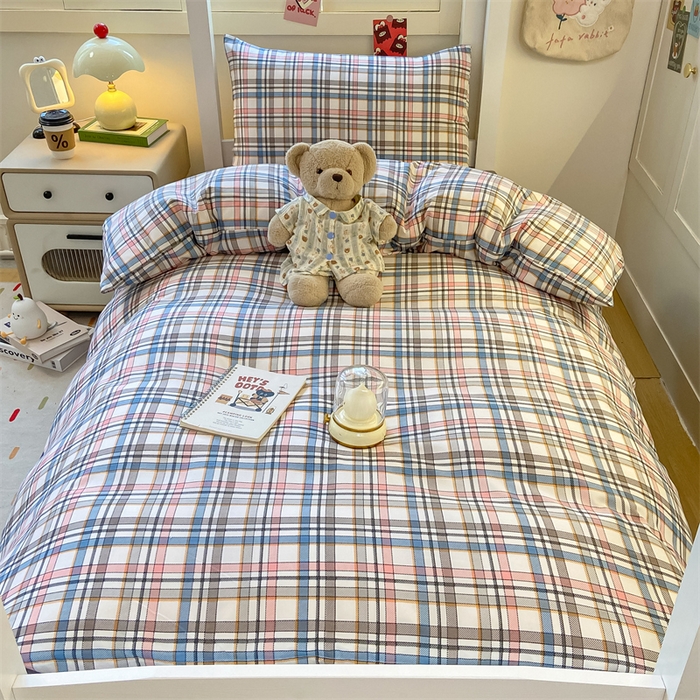 91家纺网 家纺一手货源 找家纺 慕木家纺 2025新款A类亲肤磨毛简约无印风水洗棉学生大礼包上下铺条纹套件系列 简兮格粉+中灰