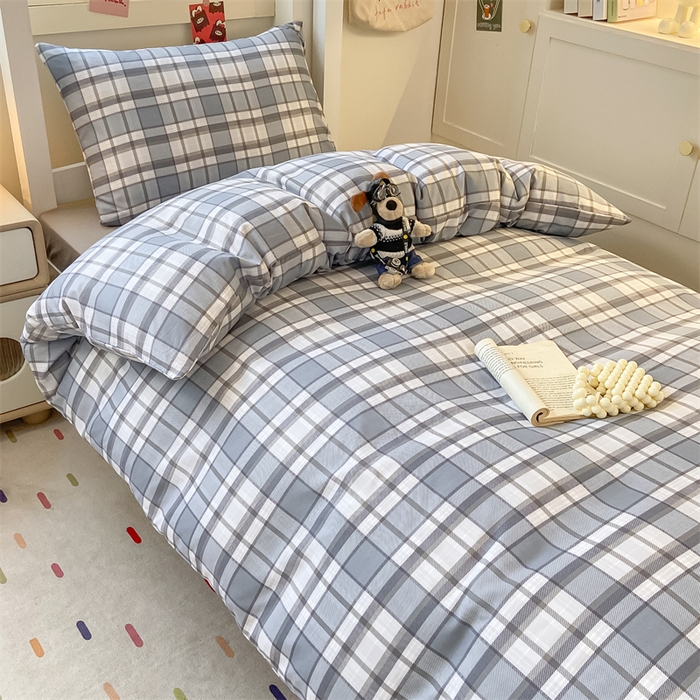 91家纺网 家纺一手货源 找家纺 慕木家纺 2025新款A类亲肤磨毛简约无印风水洗棉学生大礼包上下铺条纹套件系列 拉菲格+中灰