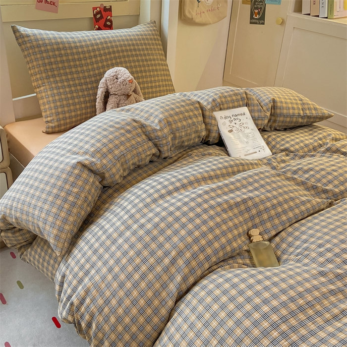 91家纺网 家纺一手货源 找家纺 慕木家纺 2025新款A类亲肤磨毛简约无印风水洗棉学生大礼包上下铺条纹套件系列 玛卡朵+奶黄