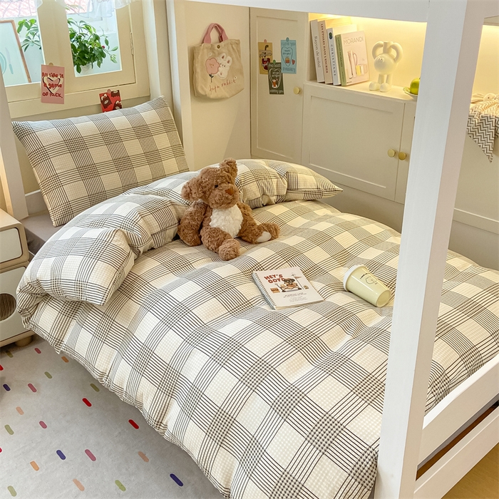 91家纺网 家纺一手货源 找家纺 慕木家纺 2025新款A类亲肤磨毛简约无印风水洗棉学生大礼包上下铺条纹套件系列 暗影千鸟+中灰