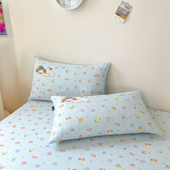 91家纺网 家纺一手货源 找家纺 （总）乐美家纺 2025新款懒洋洋全棉双层纱毛巾绣床笠三件套（提供买家秀）