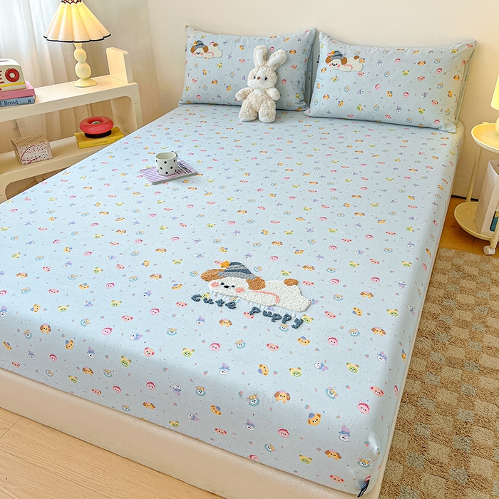 91家纺网 家纺一手货源 找家纺 （总）乐美家纺 2025新款懒洋洋全棉双层纱毛巾绣床笠三件套（提供买家秀）