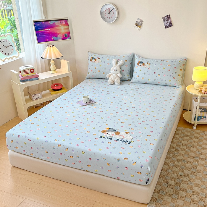 91家纺网 家纺一手货源 找家纺 （总）乐美家纺 2025新款懒洋洋全棉双层纱毛巾绣床笠三件套（提供买家秀）