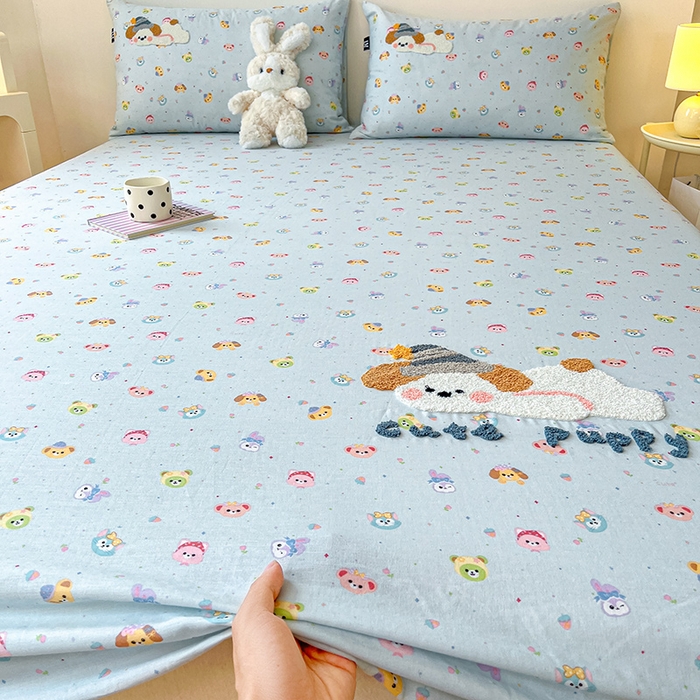 91家纺网 家纺一手货源 找家纺 （总）乐美家纺 2025新款懒洋洋全棉双层纱毛巾绣床笠三件套（提供买家秀）