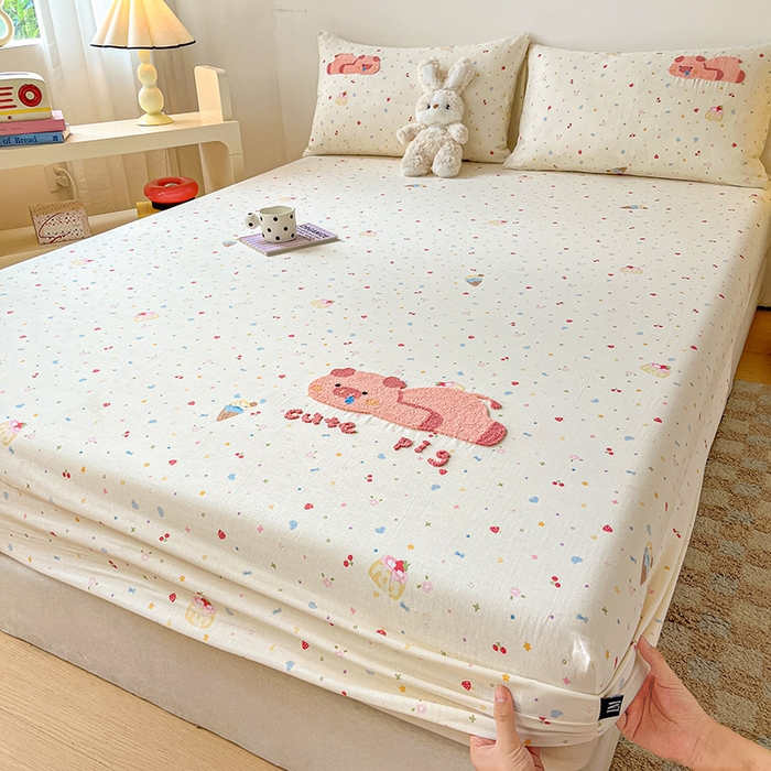 91家纺网 家纺一手货源 找家纺 乐美家纺 2025新款懒洋洋全棉双层纱毛巾绣床笠三件套（提供买家秀） 扭扭猪