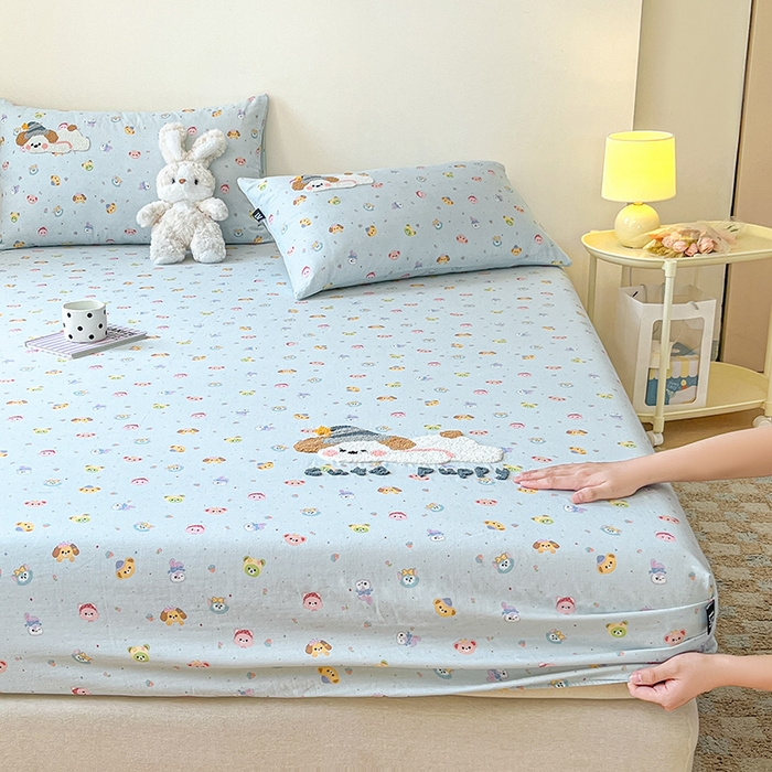 91家纺网 家纺一手货源 找家纺 （总）乐美家纺 2025新款懒洋洋全棉双层纱毛巾绣床笠三件套（提供买家秀）