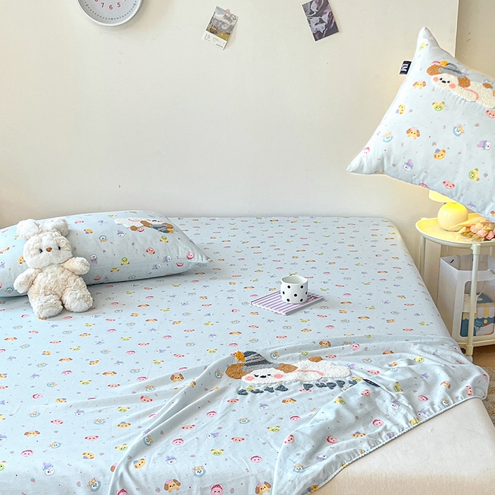 91家纺网 家纺一手货源 找家纺 乐美家纺 2025新款懒洋洋全棉双层纱毛巾绣床笠三件套（提供买家秀） 星星狗