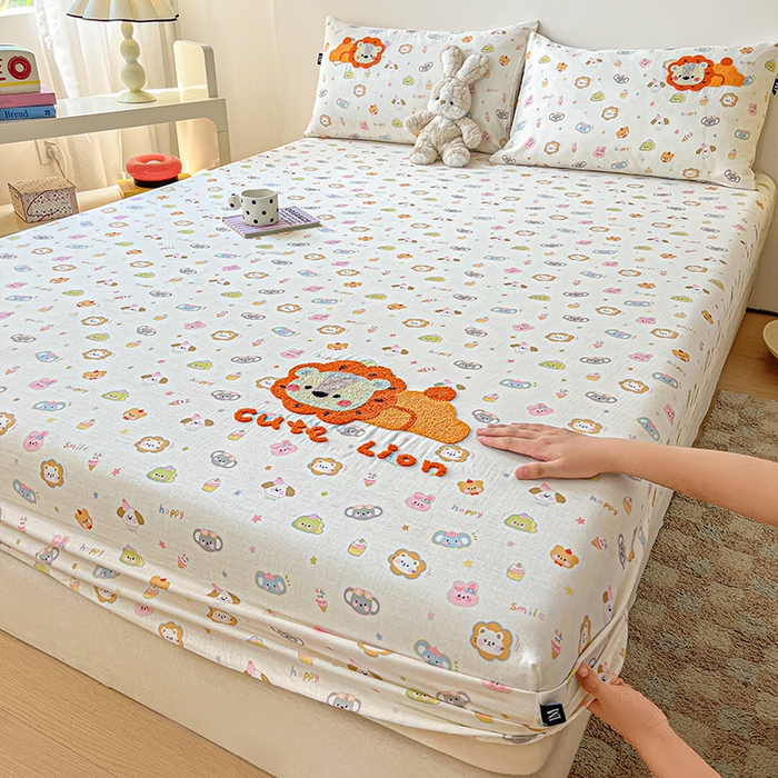 91家纺网 家纺一手货源 找家纺 乐美家纺 2025新款懒洋洋全棉双层纱毛巾绣床笠三件套（提供买家秀） 笨笨狮