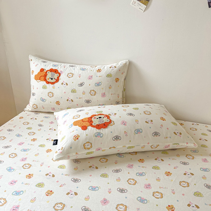 91家纺网 家纺一手货源 找家纺 乐美家纺 2025新款懒洋洋全棉双层纱毛巾绣床笠三件套（提供买家秀） 笨笨狮