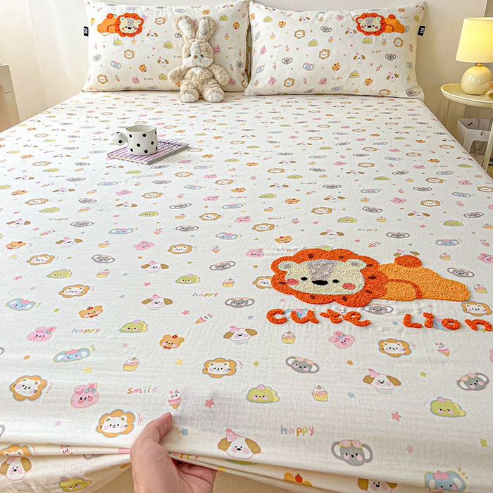 91家纺网 家纺一手货源 找家纺 乐美家纺 2025新款懒洋洋全棉双层纱毛巾绣床笠三件套（提供买家秀） 笨笨狮