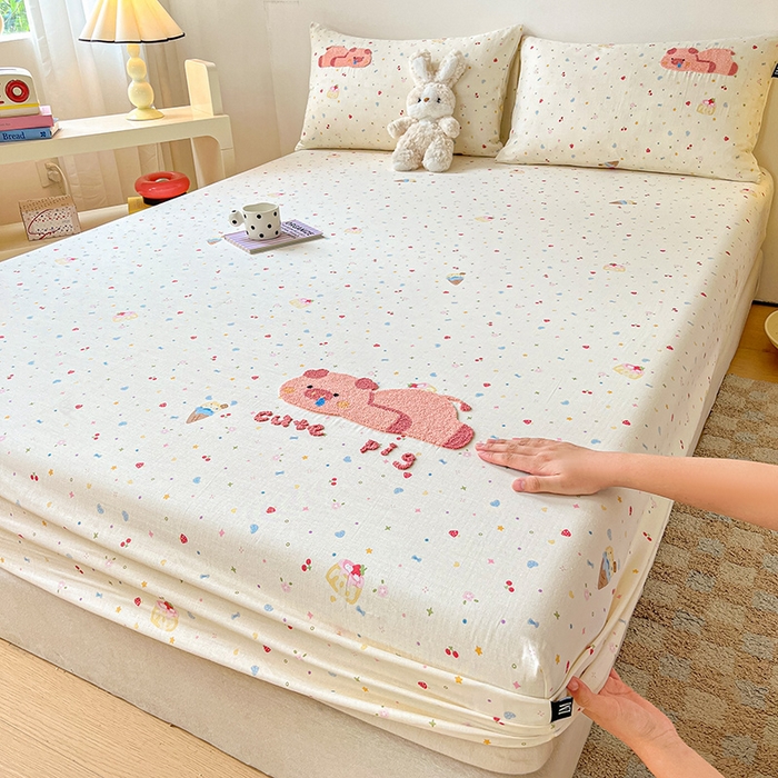 91家纺网 家纺一手货源 找家纺 乐美家纺 2025新款懒洋洋全棉双层纱毛巾绣床笠三件套（提供买家秀） 扭扭猪