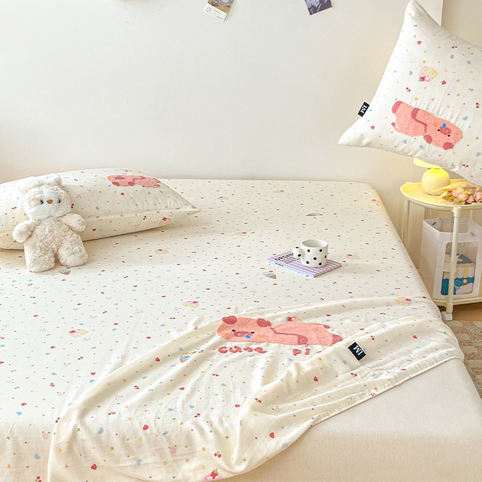 91家纺网 家纺一手货源 找家纺 乐美家纺 2025新款懒洋洋全棉双层纱毛巾绣床笠三件套（提供买家秀） 扭扭猪