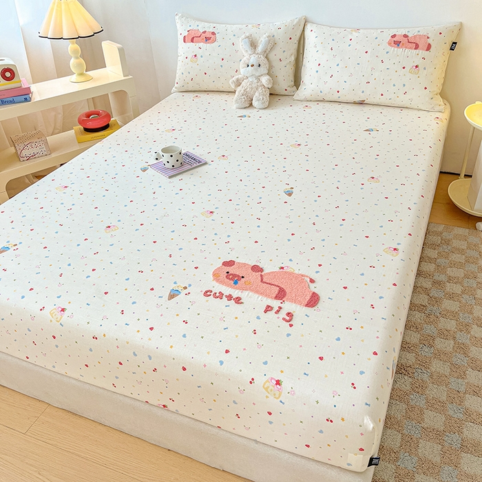 91家纺网 家纺一手货源 找家纺 乐美家纺 2025新款懒洋洋全棉双层纱毛巾绣床笠三件套（提供买家秀） 扭扭猪