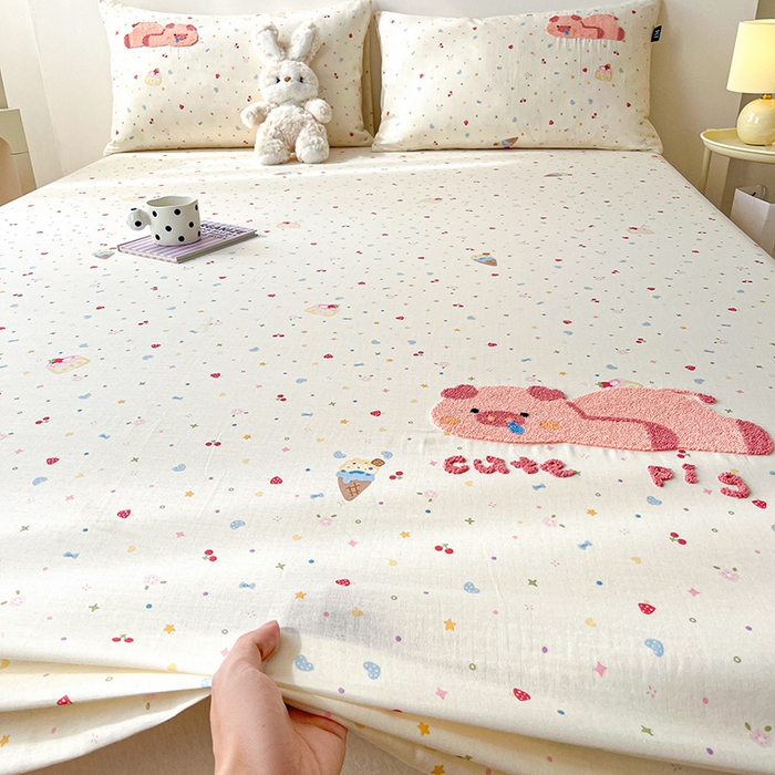 91家纺网 家纺一手货源 找家纺 乐美家纺 2025新款懒洋洋全棉双层纱毛巾绣床笠三件套（提供买家秀） 扭扭猪