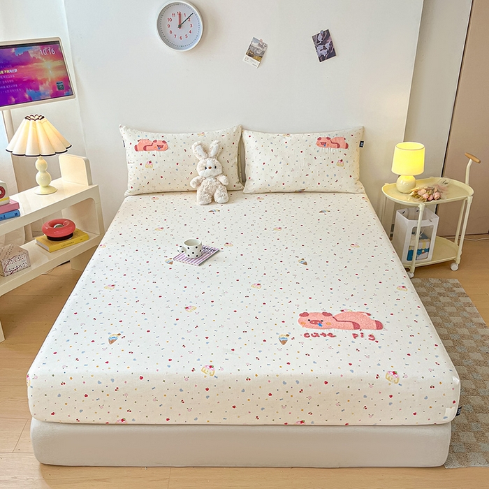 91家纺网 家纺一手货源 找家纺 乐美家纺 2025新款懒洋洋全棉双层纱毛巾绣床笠三件套（提供买家秀） 扭扭猪