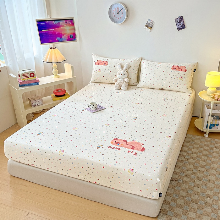 91家纺网 家纺一手货源 找家纺 乐美家纺 2025新款懒洋洋全棉双层纱毛巾绣床笠三件套（提供买家秀） 扭扭猪