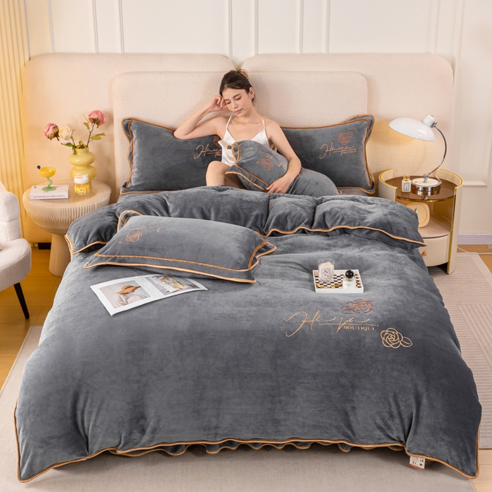 91家纺网 家纺一手货源 找家纺 博兰蒂2022高克重牛奶绒素色绣花床裙四件套直播爆款-水仙高级灰