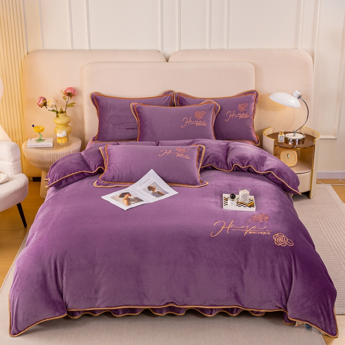 博兰蒂2022高克重牛奶绒素色绣花床裙四件套直播爆款-水仙罗兰紫