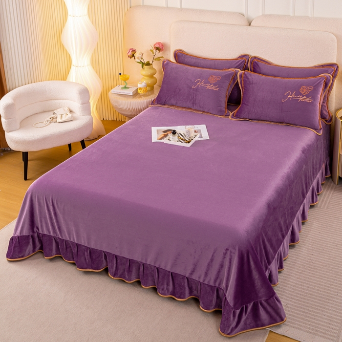 91家纺网 家纺一手货源 找家纺 博兰蒂2022高克重牛奶绒素色绣花床裙四件套直播爆款-水仙罗兰紫