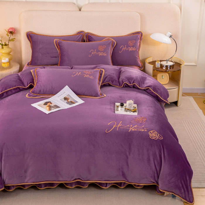 91家纺网 家纺一手货源 找家纺 博兰蒂2022高克重牛奶绒素色绣花床裙四件套直播爆款-水仙罗兰紫