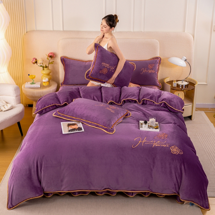 91家纺网 家纺一手货源 找家纺 博兰蒂2022高克重牛奶绒素色绣花床裙四件套直播爆款-水仙罗兰紫