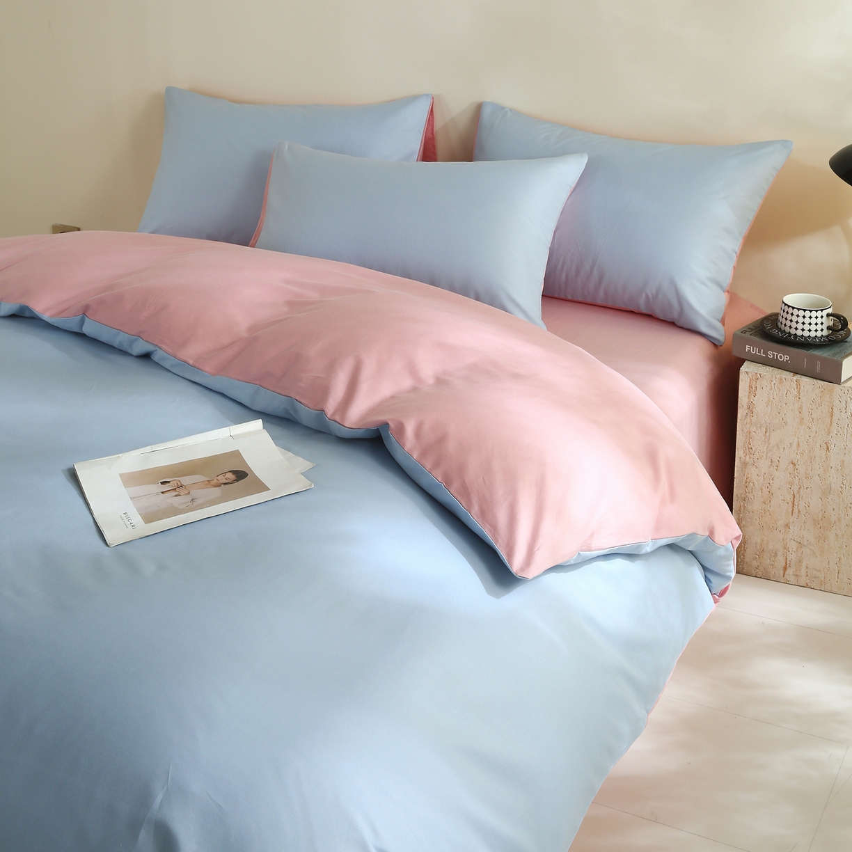 91家纺网 家纺一手货源 找家纺 金鑫汇家纺 2026新款全棉纯棉纯色拼色四件套系列单被套 被套单件 圣黛