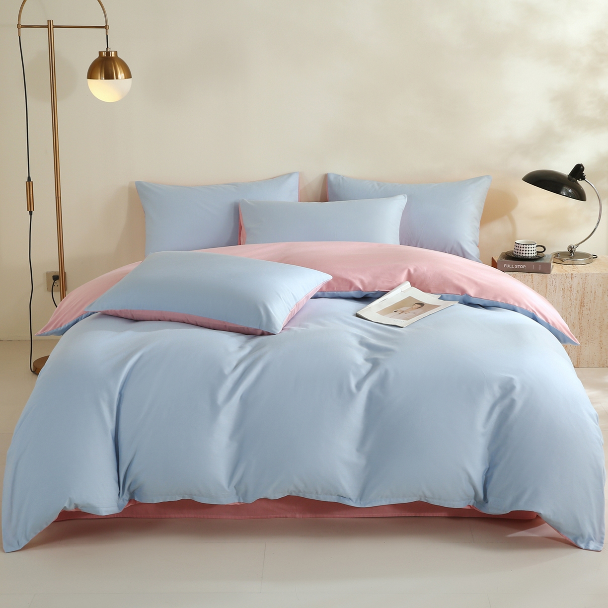 91家纺网 家纺一手货源 找家纺 金鑫汇家纺 2026新款全棉纯棉纯色拼色四件套系列单被套 被套单件 圣黛