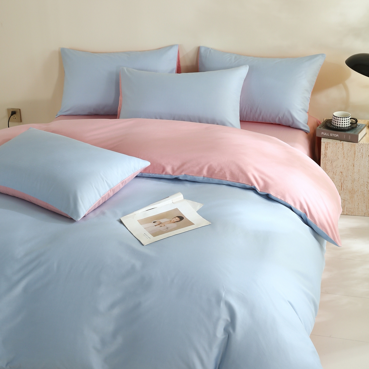 91家纺网 家纺一手货源 找家纺 金鑫汇家纺 2026新款全棉纯棉纯色拼色四件套系列单被套 被套单件 圣黛