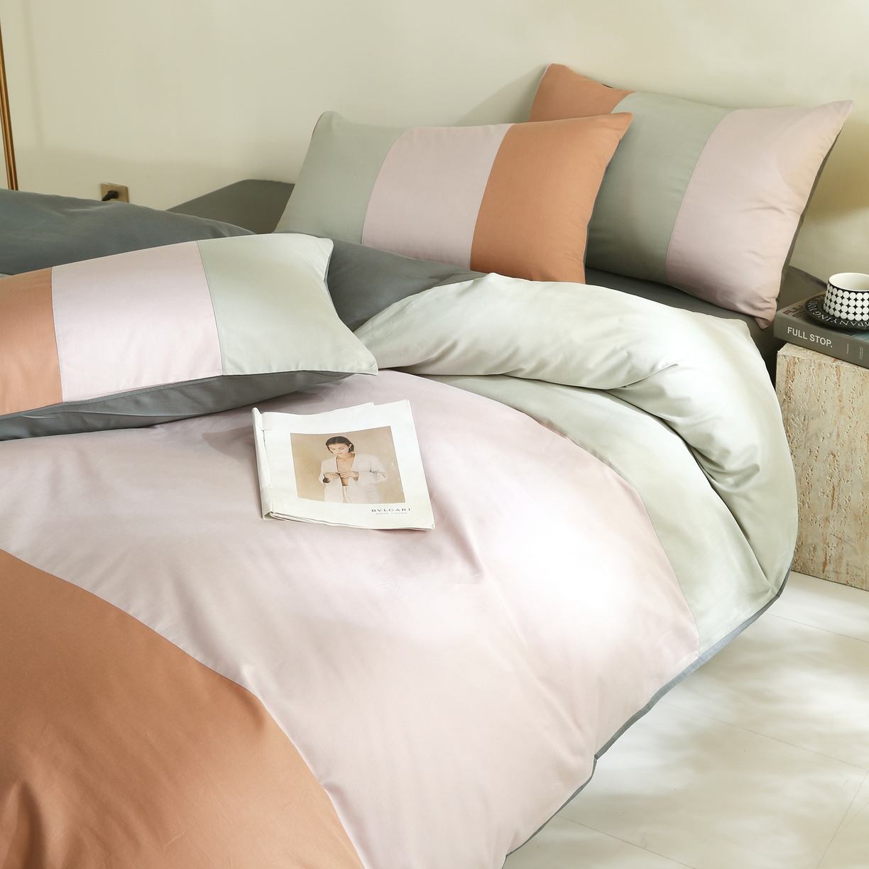 91家纺网 家纺一手货源 找家纺 金鑫汇家纺 2026新款全棉纯棉纯色拼色四件套系列单被套 被套单件 云梦