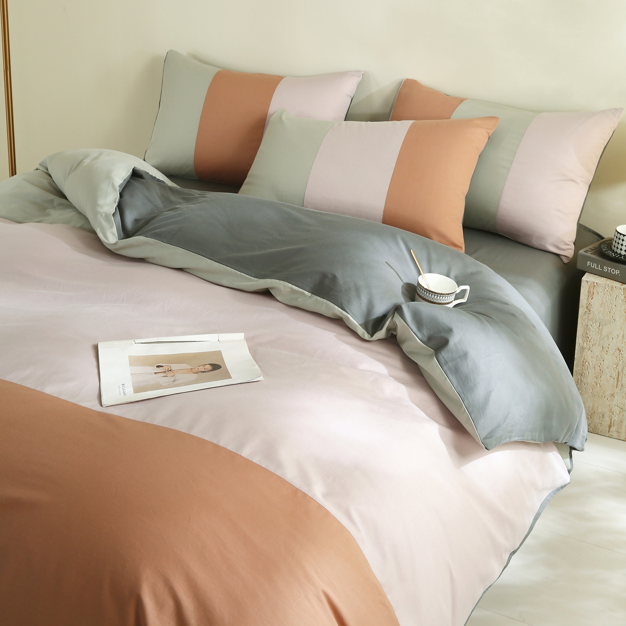 91家纺网 家纺一手货源 找家纺 金鑫汇家纺 2026新款全棉纯棉纯色拼色四件套系列单被套 被套单件 云梦