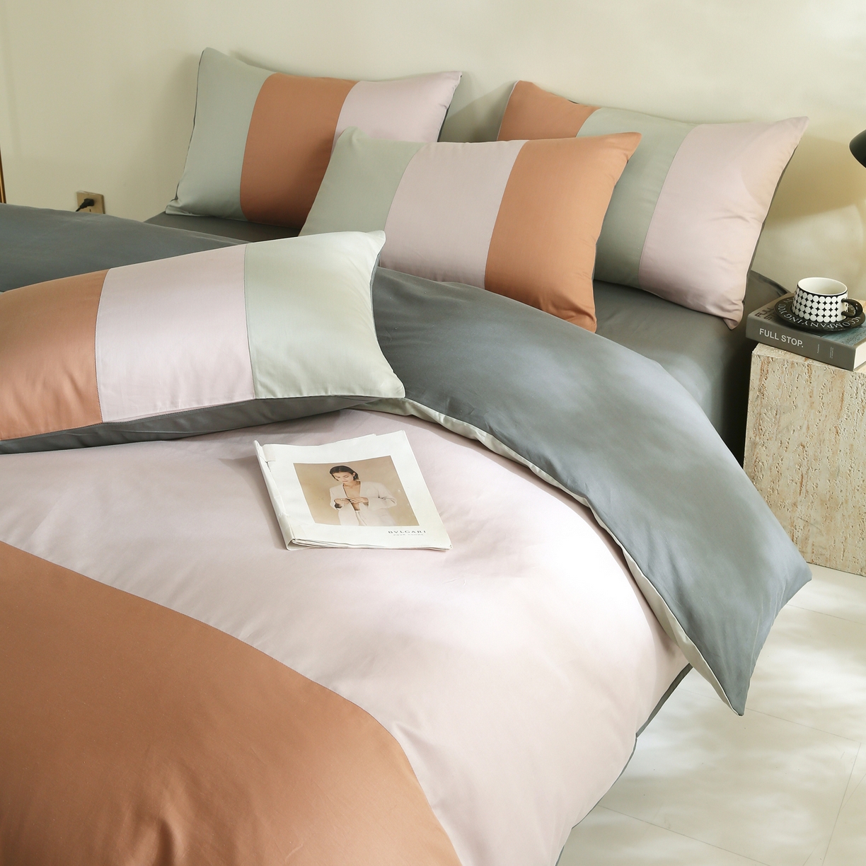 91家纺网 家纺一手货源 找家纺 金鑫汇家纺 2026新款全棉纯棉纯色拼色四件套 云梦