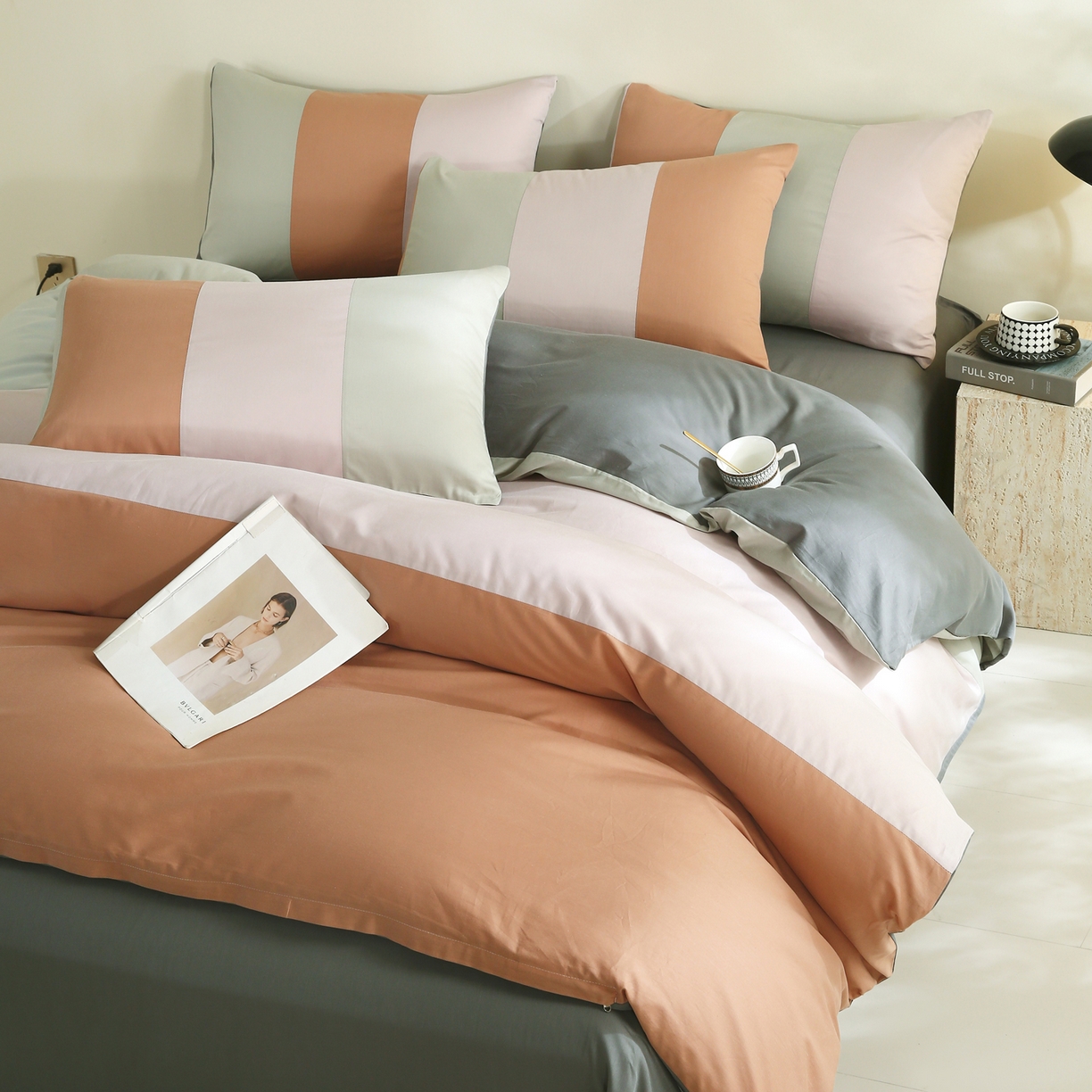 金鑫汇家纺 2026新款全棉纯棉纯色拼色四件套 云梦