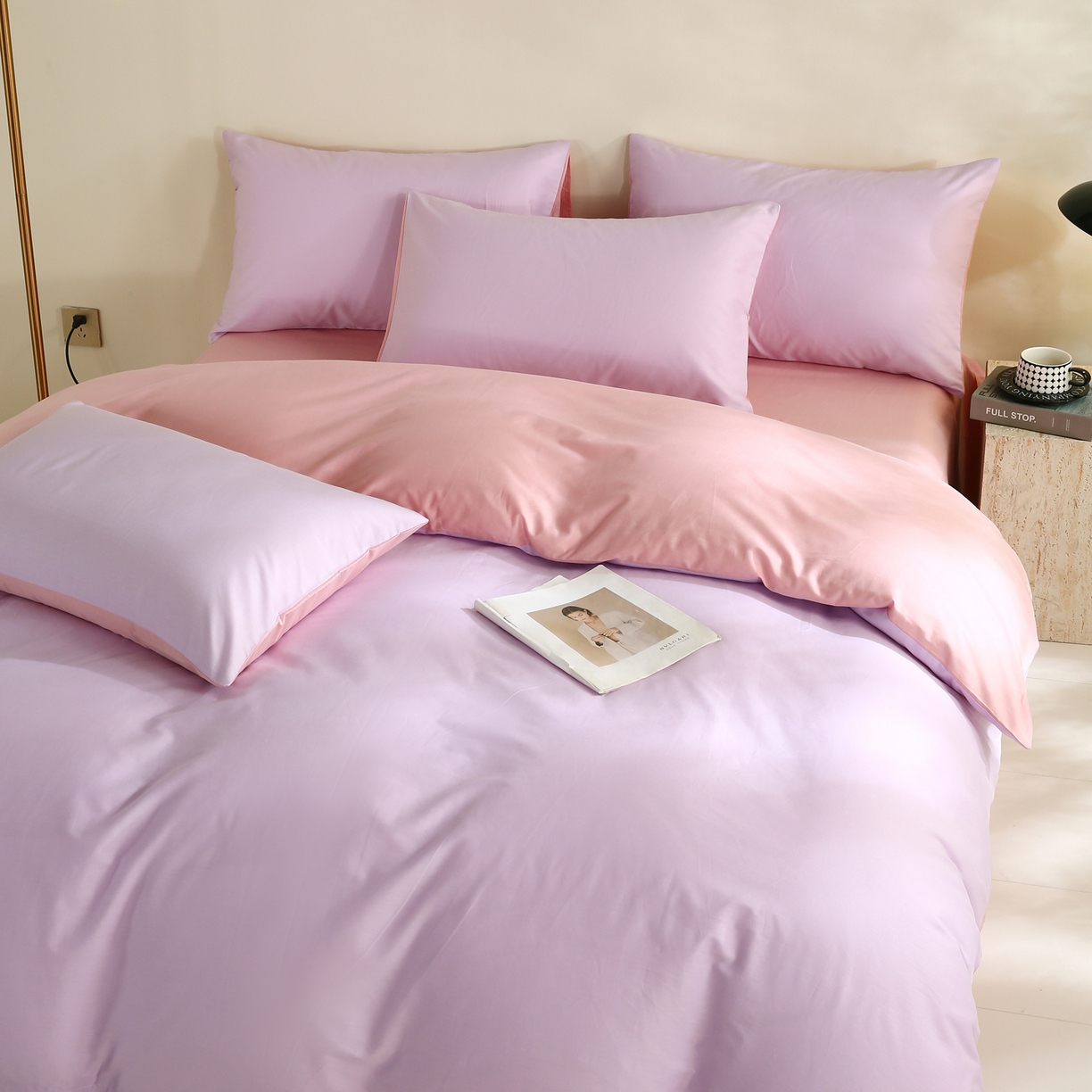 91家纺网 家纺一手货源 找家纺 金鑫汇家纺 2026新款全棉纯棉纯色拼色四件套 南希