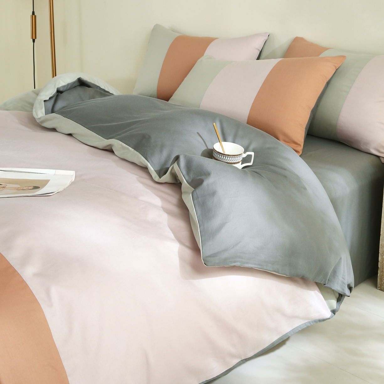 91家纺网 家纺一手货源 找家纺 金鑫汇家纺 2026新款全棉纯棉纯色拼色四件套 云梦