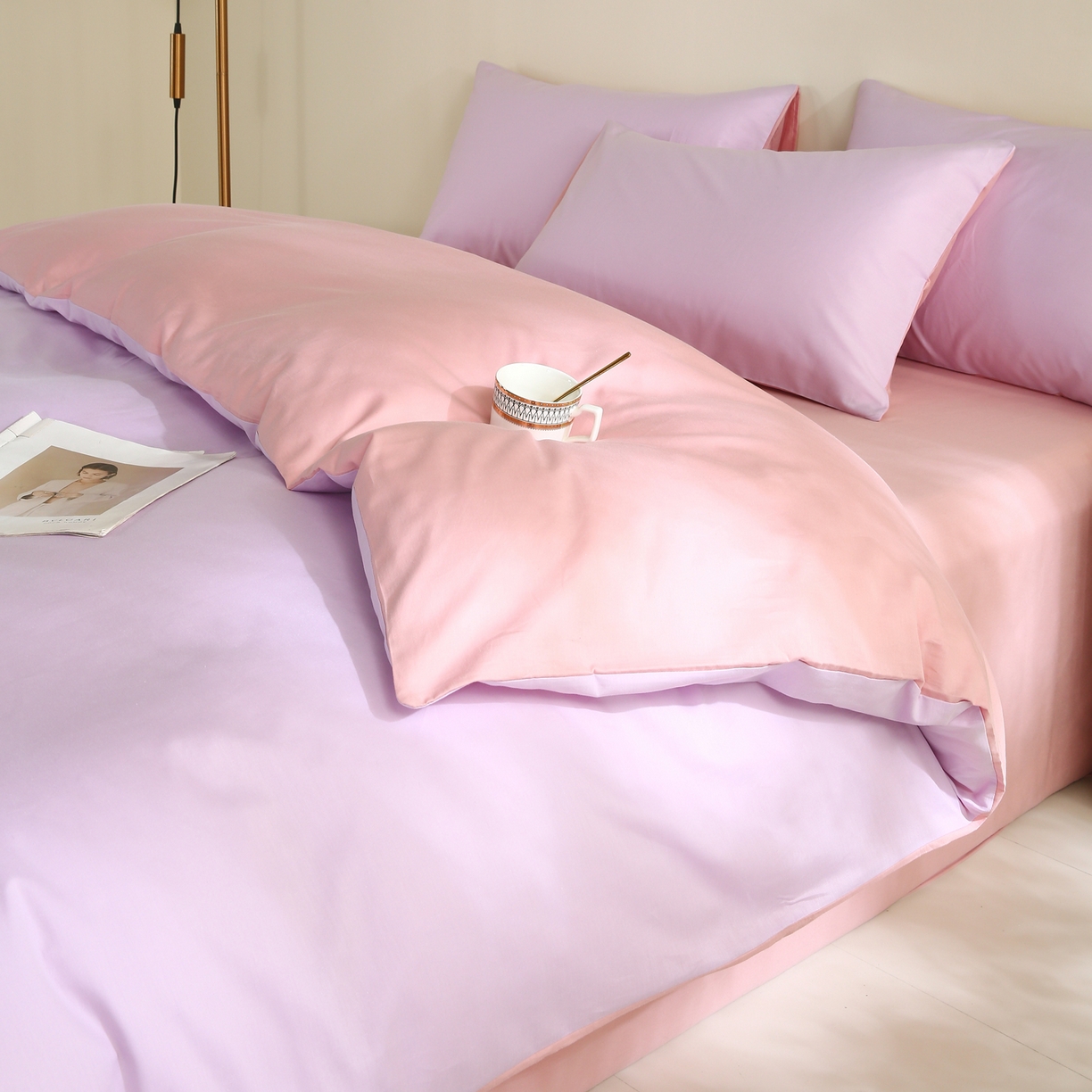 91家纺网 家纺一手货源 找家纺 金鑫汇家纺 2026新款全棉纯棉纯色拼色四件套 南希