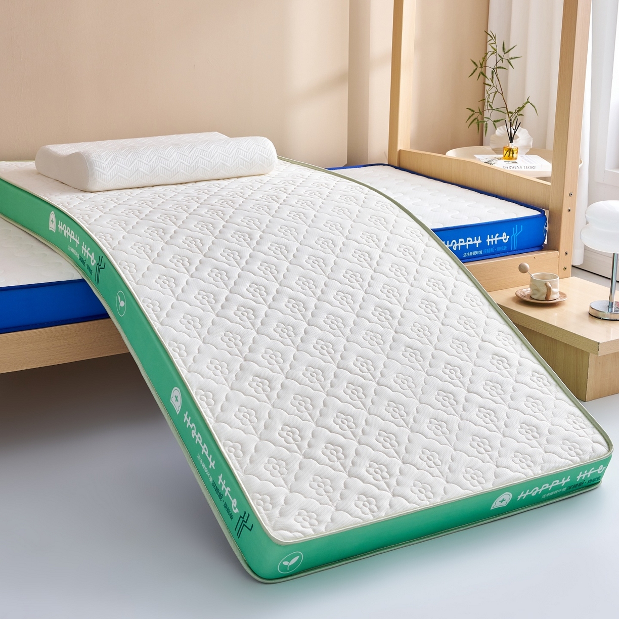 91家纺网 家纺一手货源 找家纺 奇丝雅 2025新款针织棉学生宿舍床专用加厚记忆棉海绵立体乳胶床垫【高密记忆棉】 繁花-绿（6公分）