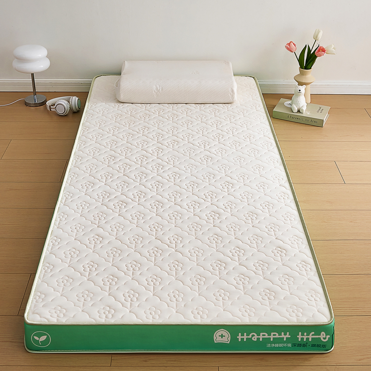 91家纺网 家纺一手货源 找家纺 奇丝雅 2025新款针织棉学生宿舍床专用加厚记忆棉海绵立体乳胶床垫【高密记忆棉】 繁花-绿（6公分）