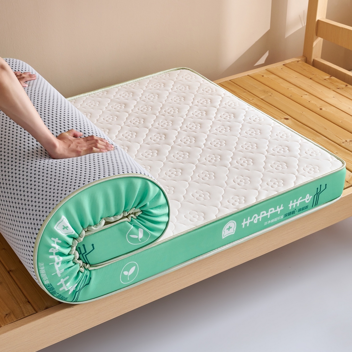 91家纺网 家纺一手货源 找家纺 奇丝雅 2025新款针织棉学生宿舍床专用加厚记忆棉海绵立体乳胶床垫【高密记忆棉】 繁花-绿（6公分）