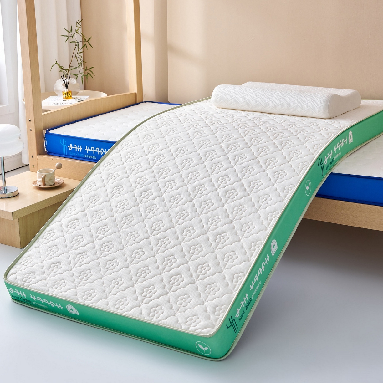 91家纺网 家纺一手货源 找家纺 奇丝雅 2025新款针织棉学生宿舍床专用加厚记忆棉海绵立体乳胶床垫【高密记忆棉】 繁花-绿（6公分）