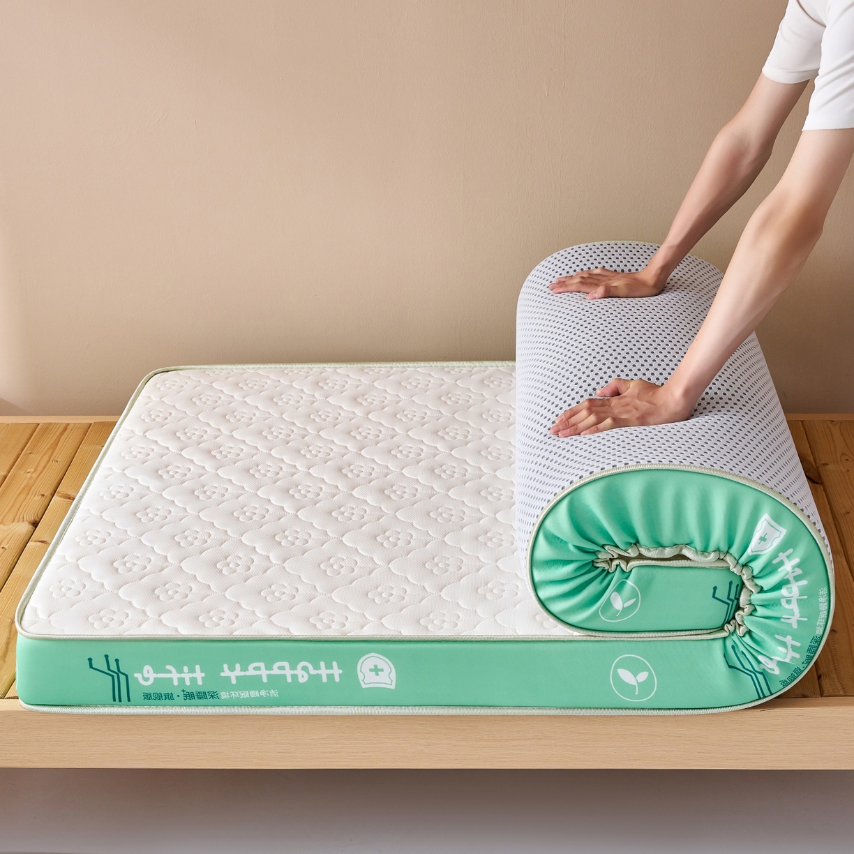 91家纺网 家纺一手货源 找家纺 奇丝雅 2025新款针织棉学生宿舍床专用加厚记忆棉海绵立体乳胶床垫【高密记忆棉】 繁花-绿（6公分）