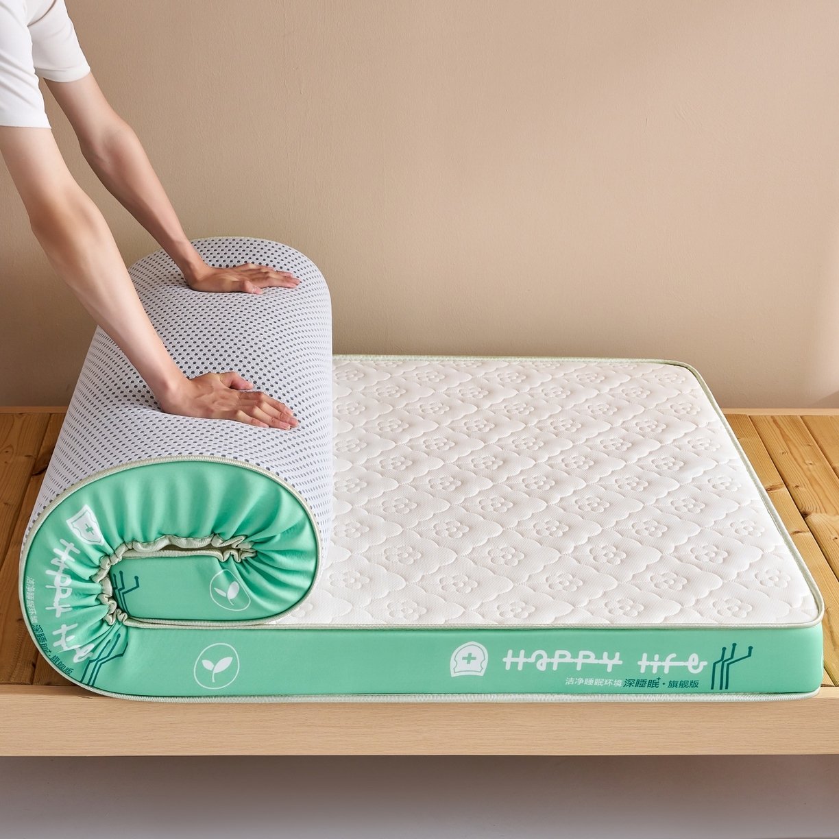 91家纺网 家纺一手货源 找家纺 奇丝雅 2025新款针织棉学生宿舍床专用加厚记忆棉海绵立体乳胶床垫【高密记忆棉】 繁花-绿（9公分）