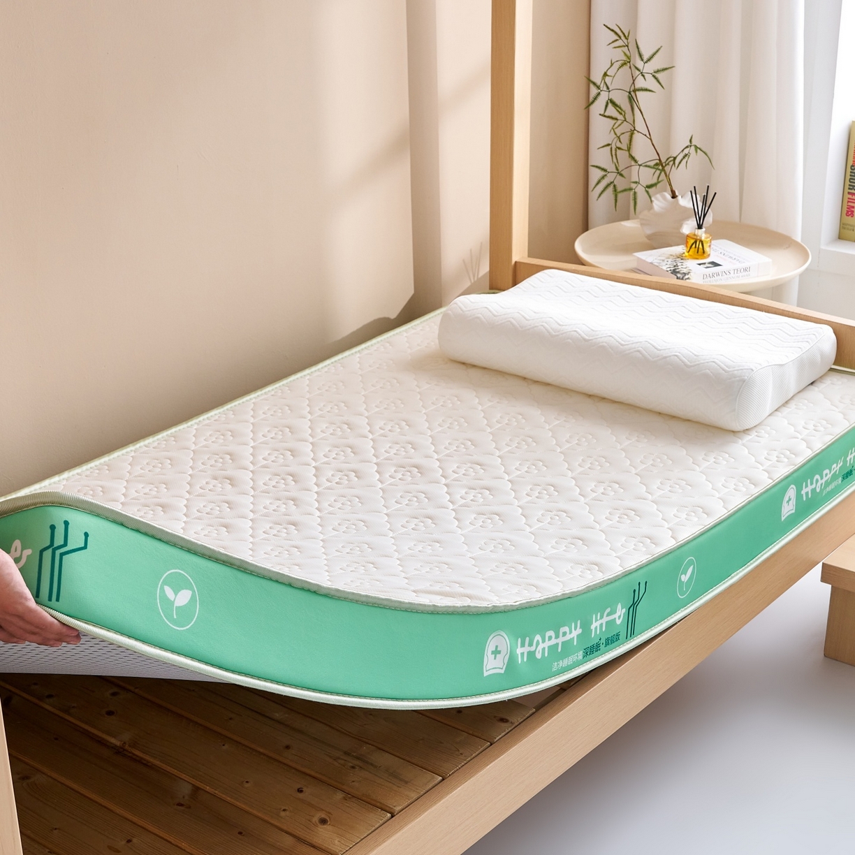 91家纺网 家纺一手货源 找家纺 奇丝雅 2025新款针织棉学生宿舍床专用加厚记忆棉海绵立体乳胶床垫【高密记忆棉】 繁花-绿（9公分）