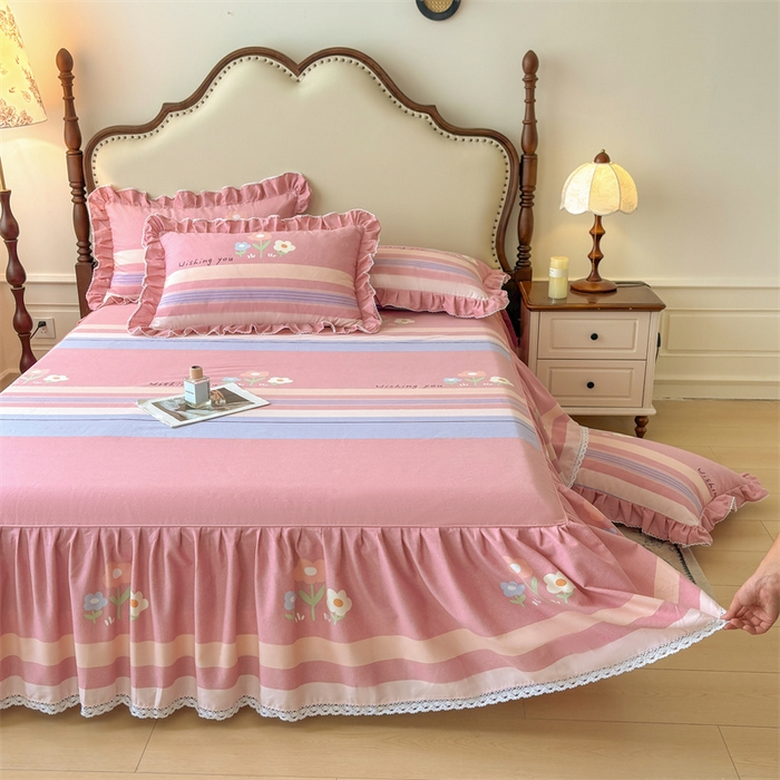 91家纺网 家纺一手货源 找家纺 （总）缦彩 2025新款全棉纯棉磨毛印花床裙单品床裙单件单床裙花边床单三件套