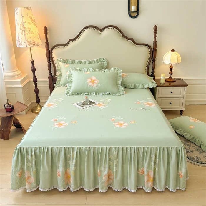 91家纺网 家纺一手货源 找家纺 （总）缦彩 2025新款全棉纯棉磨毛印花床裙单品床裙单件单床裙花边床单三件套