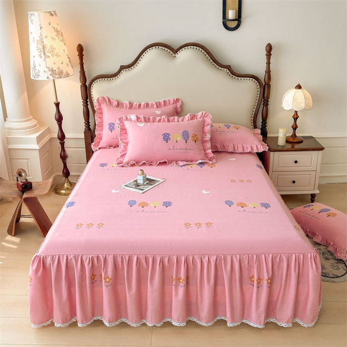 91家纺网 家纺一手货源 找家纺 （总）缦彩 2025新款全棉纯棉磨毛印花床裙单品床裙单件单床裙花边床单三件套