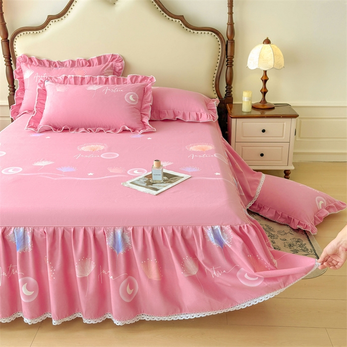 91家纺网 家纺一手货源 找家纺 缦彩 2025新款全棉纯棉磨毛印花床裙单品床裙单件单床裙花边床单三件套 花信光夕粉