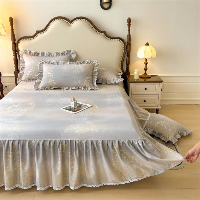 91家纺网 家纺一手货源 找家纺 缦彩 2025新款全棉纯棉磨毛印花床裙单品床裙单件单床裙花边床单三件套 安娜丽丝灰